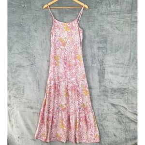 Womens Dress 12 Pink Boho Paisley Floral Cottagecore Tiered Maxi Fairy Whimsical